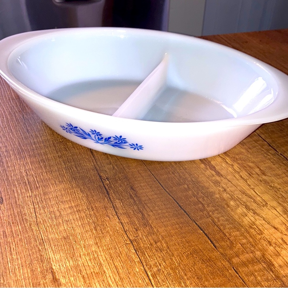 Glasbake Blue Flowers (Blue Cornflower) Divided vegetable Serving Casserole Dish